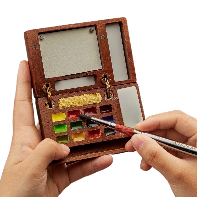 Gouache Paint Set - Reise-Malbox aus Massivholz, Tragbare Kunstpalette für